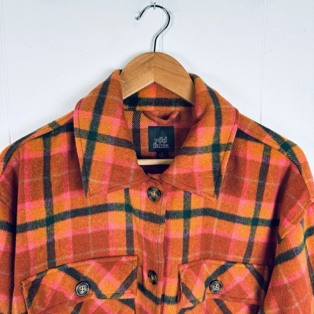 Wild Fable Women Sz M Flannel Shacket Plaid Orange Pink Shirt Jacket Wool‎ Blend